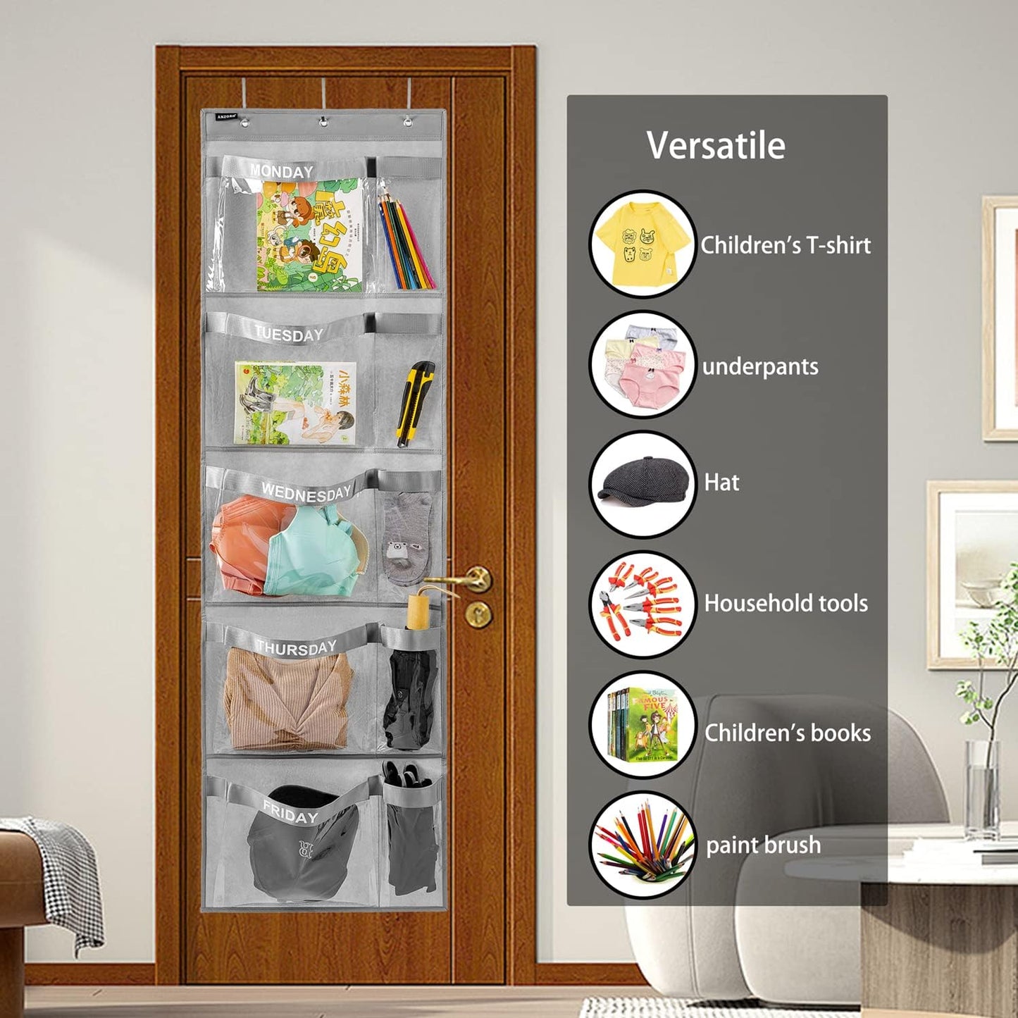 Weekly Kids Clothes Organizer Day of Week School Clothing Storage Monday to Friday Hanging Closet Organizer (GREY)