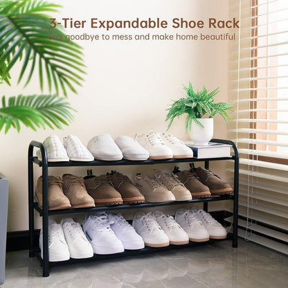 Gonfoam Shoe Rack for Closet, Expandable Shoe Organizer Storage Shelf, Adjustable Metal Free Standing Small Closet Shoe Rack for Entryway, Doorway (2-Tier Black)