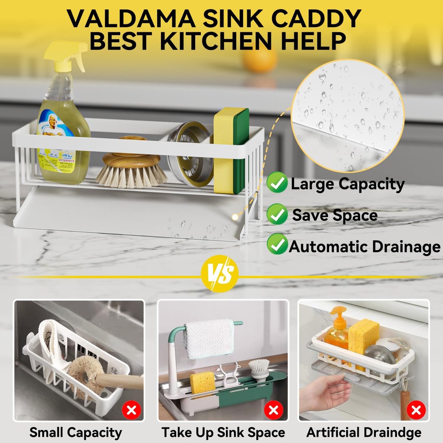 Kitchen Sink Caddy Organzier with Sponge Holder and Removable Drip Tray for Kitchen Sink, 304 Stainless Steel Organize for Sponge Soap Dish Brush Storage Accessories(Black)