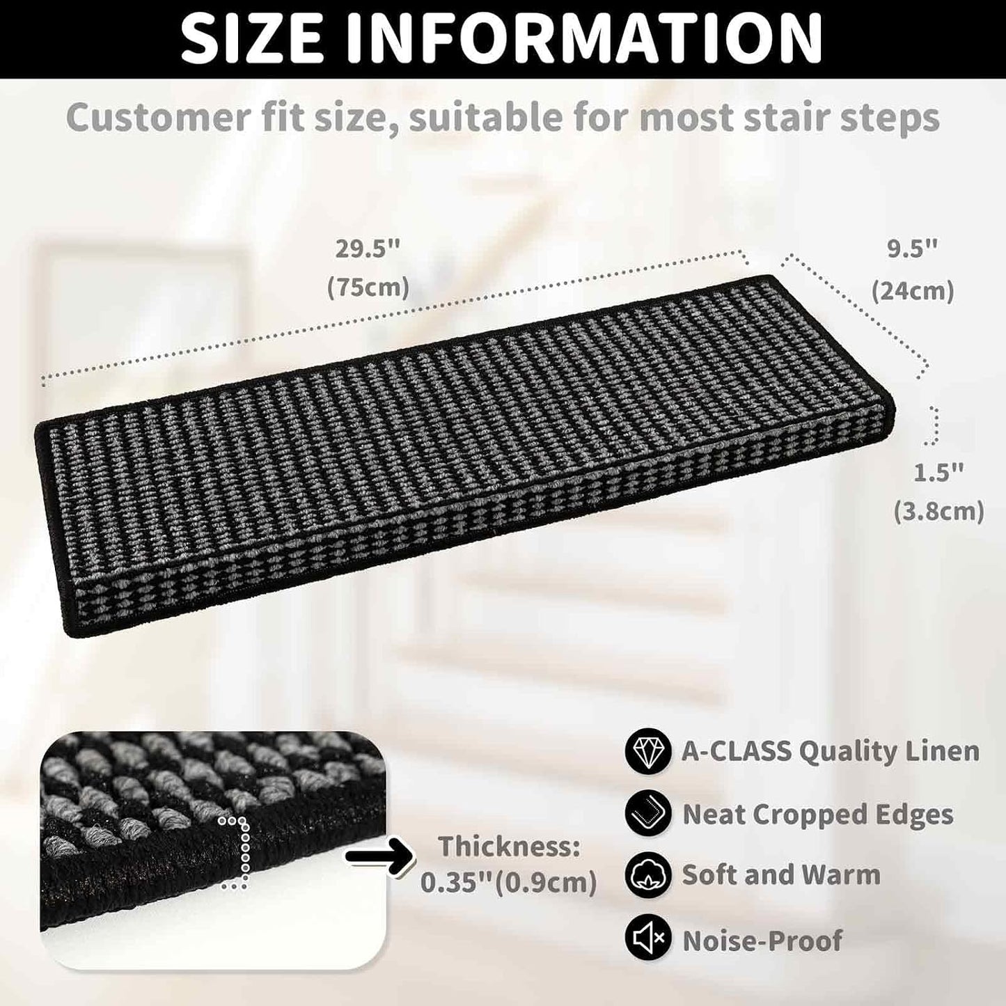 Brakki Bullnose Carpet Stair Treads, Non Slip Stair Treads for Wooden Steps Indoor, Stair Runner, Soft Stair Rugs, Edging Stair Protectors, Washable, 29.5"x9.5"x1.5" 14pcs, Beige
