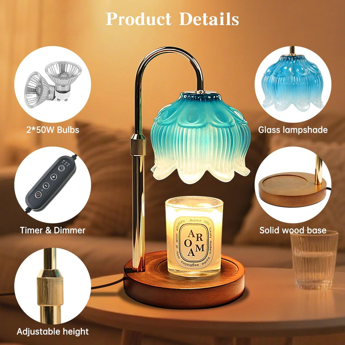 Fragrance Candle Warmer Lamp with 2 Bulbs Electric Candle Warmer with Timer & Dimmer for Home Decor