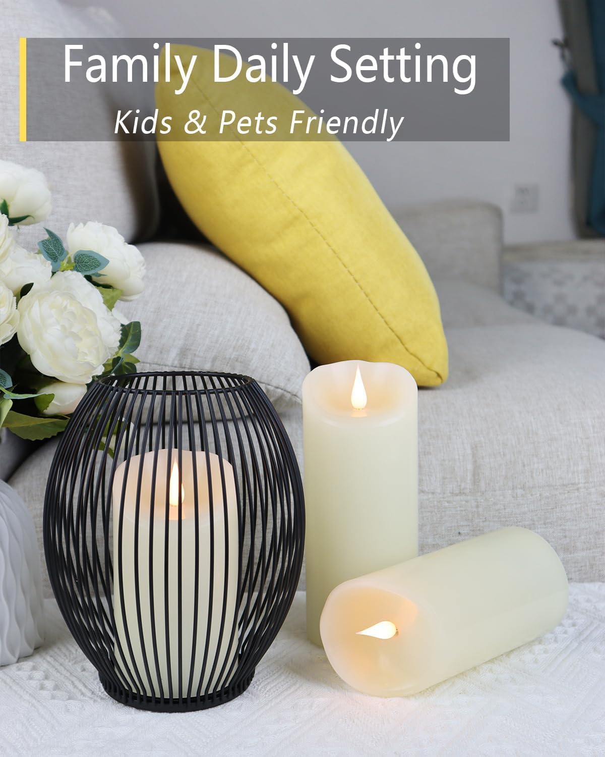 TECHLONG Flameless Candles with Remote Timer, 3D Moving Flickering Flame Battery Operated Candles Lasting 1000+ Hours, 3" x 5" Ivory Real Wax Electric LED Pillar Candles, Set of 2