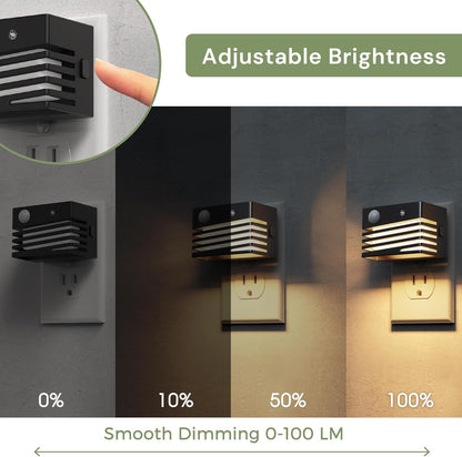 L LOHAS LED Motion Sensor Night Lights, [2 Pack] Dimmable Night Light Plug into Wall with Dusk-to-Dawn Sensor, Adjustable Brightness, 3000K Plug in Nightlight for Bedroom Bathroom Hallway (Black)