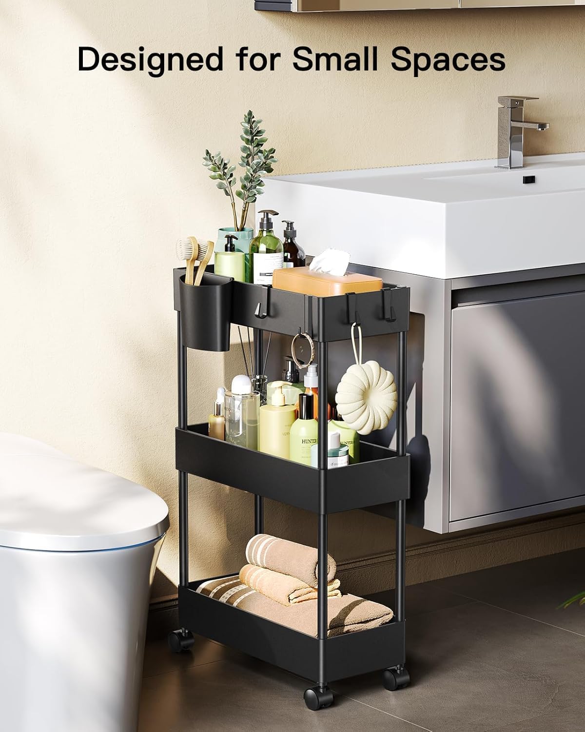 Pipishell Slim Storage Cart with Wheels - Bathroom Cart Organizer Storage, 4 Tier Rolling Carts for Bathroom, Laundry Room, Kitchen, Narrow Space, Black PIUC05