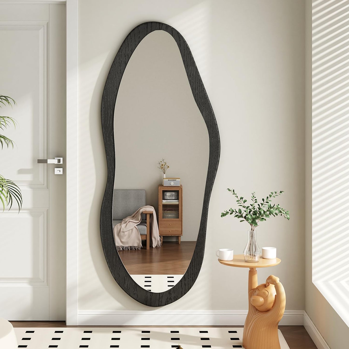 AAZZKANG Irregular Wall Mirror Full Length Black Wood Framed Large | 47"x20" Asymmetrical Full Body Mirrors for Bedroom Living Room Entryway