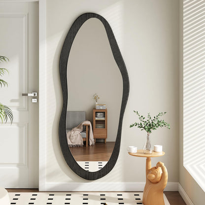 AAZZKANG Irregular Wall Mirror Full Length Black Wood Framed Large | 47"x20" Asymmetrical Full Body Mirrors for Bedroom Living Room Entryway