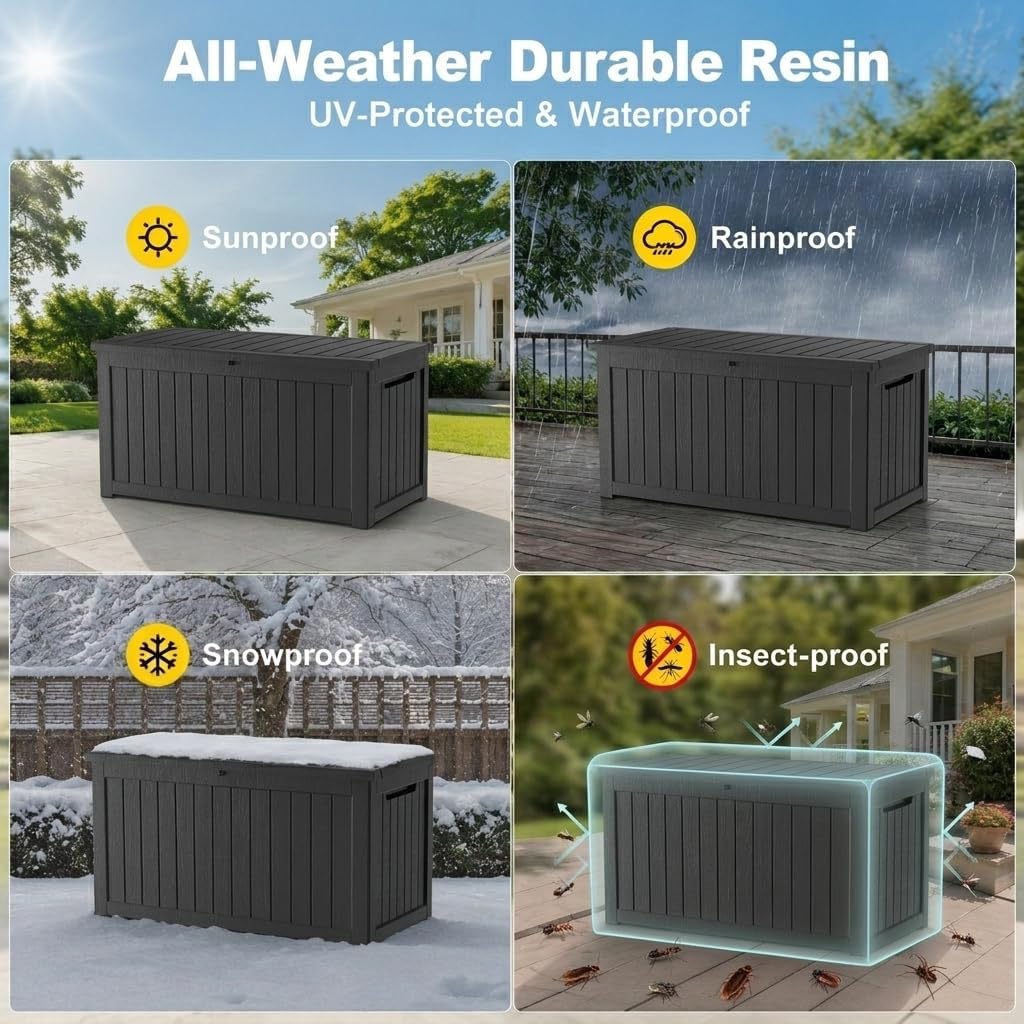 320 Gallon Outdoor Storage Box Resin Deck Box All Weather Waterproof Large Lockable Storage Container Deck Box for Patio Furniture, Garden Tools, Lockable, Black