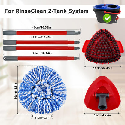 Mop Handle Mop Replace Heads and Mop Base Brush Replacement for O Cedar EasyWring 1-Tank System Include 3 Spin Mop Replacement Head, 4-Section Mop Handles, 1 Base and 1 Scrub Brush Combo