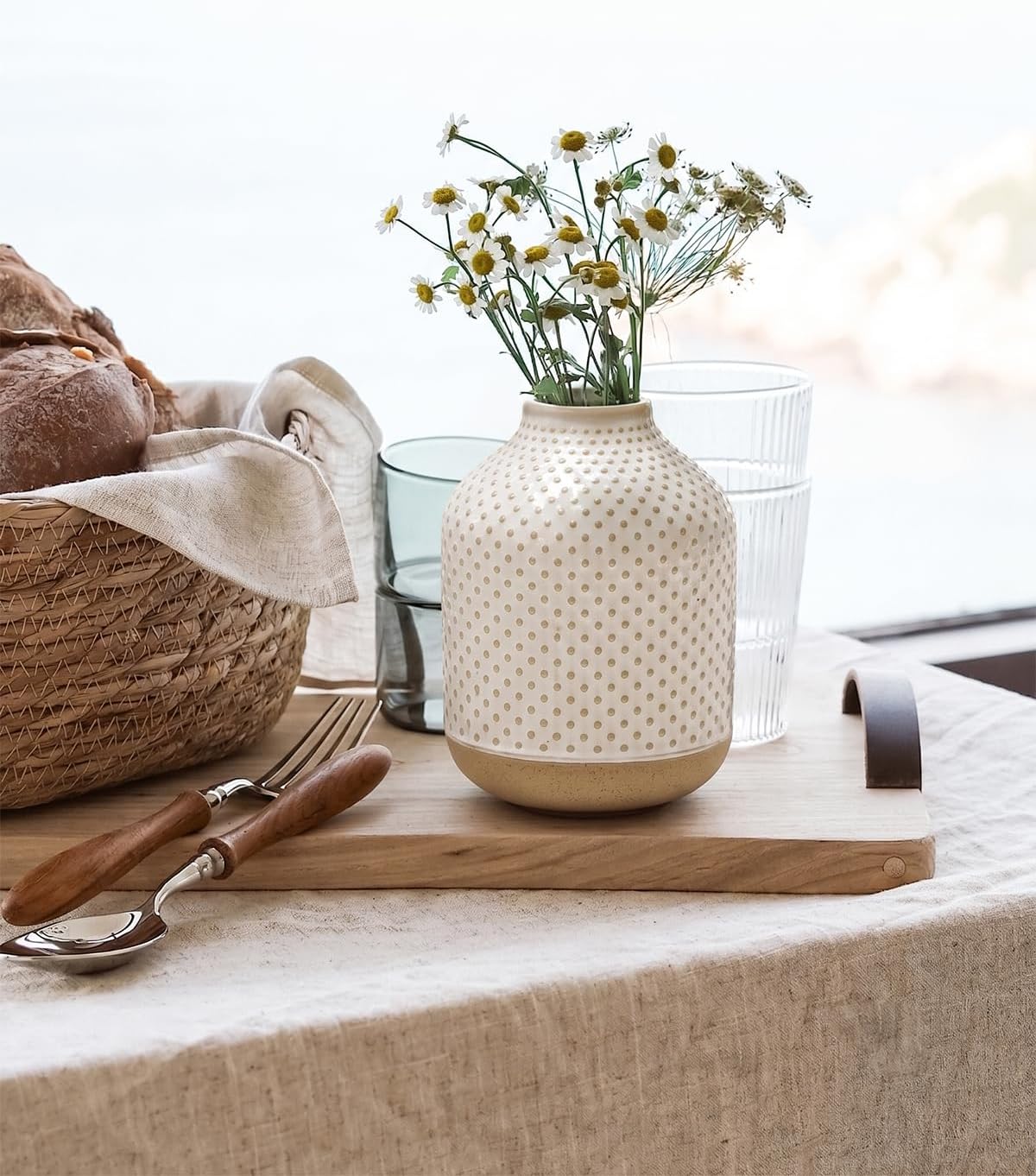 Small Boho Vase for Decor,Rustic Farmhouse Vase for Pampas Grass,Eucalyptus Set and Tiny Stem Flowers,Ceramic for Centerpieces, 5.3 Inch,Wave-Arctic White