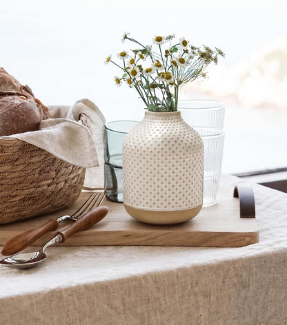 Small Boho Vase for Decor,Rustic Farmhouse Vase for Pampas Grass,Eucalyptus Set and Tiny Stem Flowers,Ceramic for Centerpieces, 5.3 Inch,Wave-Arctic White