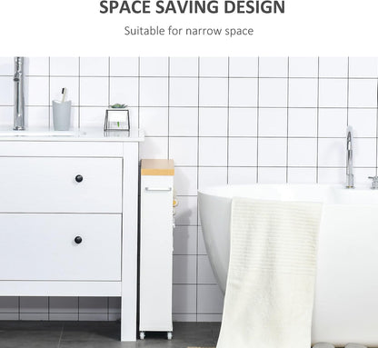 kleankin Slim Bathroom Cabinet with Castor Wheels Storage Organizer and Wood Shelves to Fit in Small Spaces, White