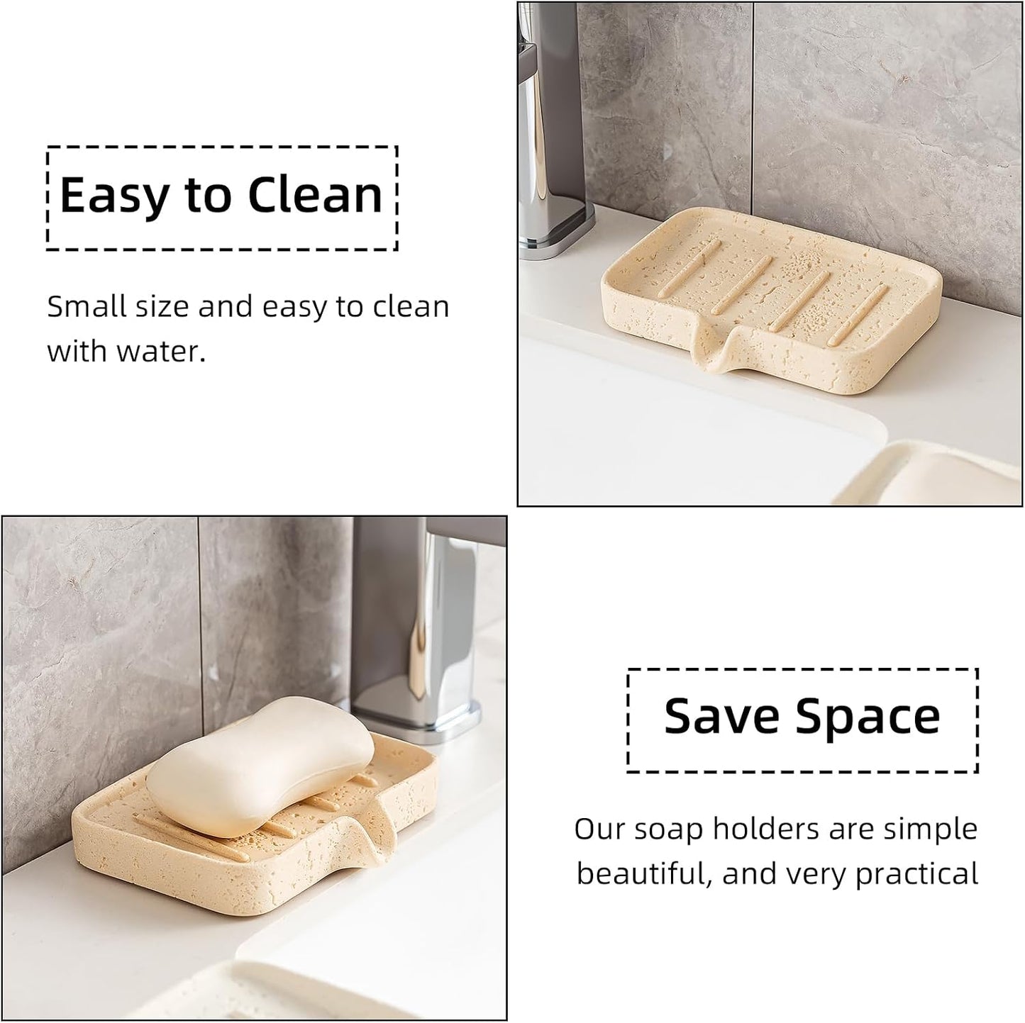 Soap Dish, Bar Soap Holder, Travertine Stone Look, Off White | Self Draining,Sponge Holders Tray for Shower,for Dispenser,Scrubber,Bottle,Cup on Bathroom Kitchen Bathtub Sink or Counter