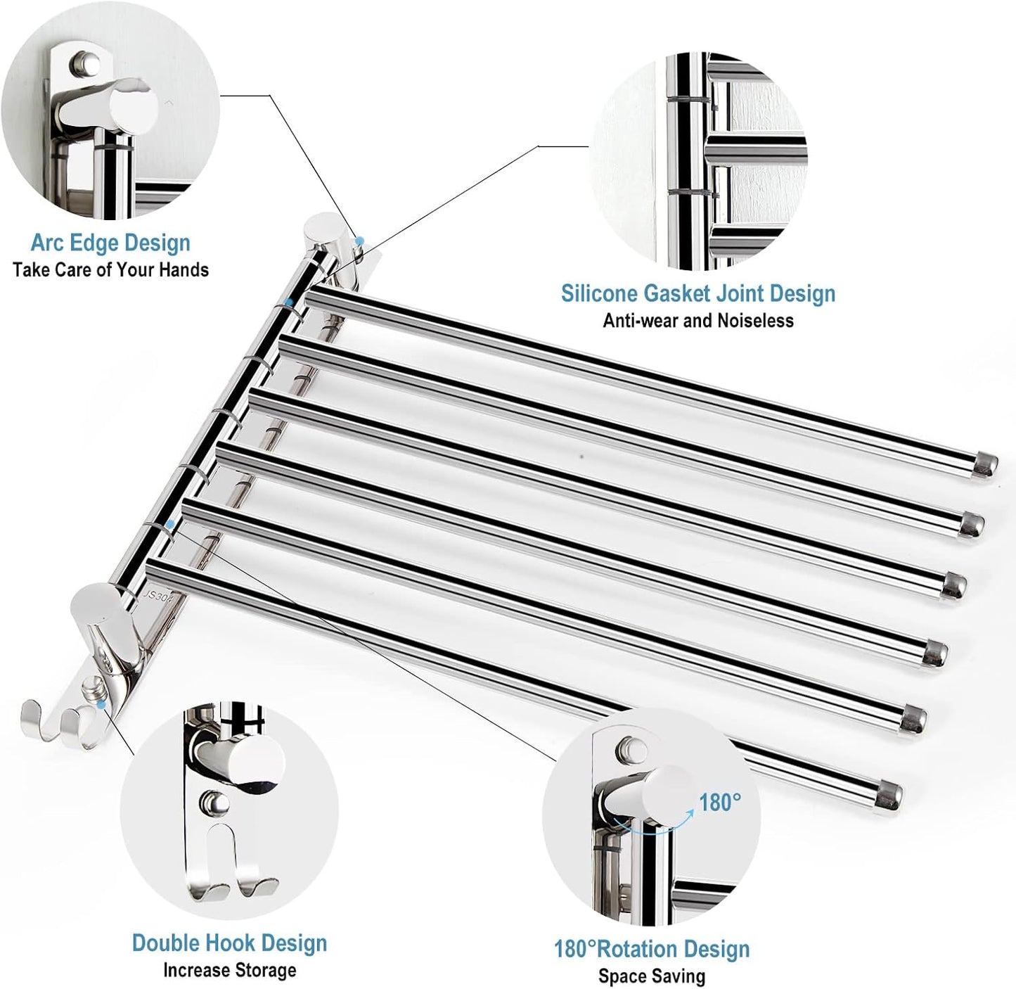 5-Arm Swivel Towel Rack - 180° Rotating Wall Mounted, 304 Stainless Steel Rustproof, Heavy Duty Bathroom Accessories, Space Saving Towel Organizer for Bathroom Kitchen Laundry - Pearl White