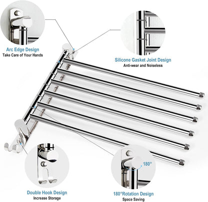 5-Arm Swivel Towel Rack - 180° Rotating Wall Mounted, 304 Stainless Steel Rustproof, Heavy Duty Bathroom Accessories, Space Saving Towel Organizer for Bathroom Kitchen Laundry - Pearl White