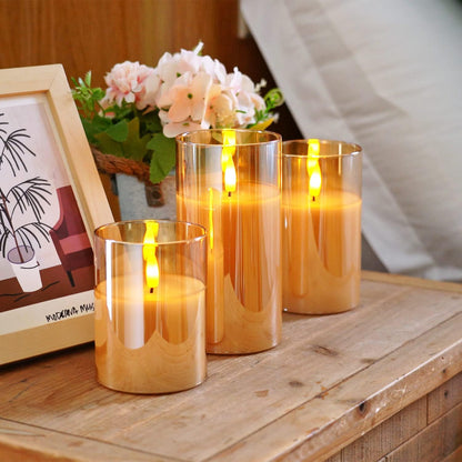 Homemory Green Glass Flameless Candles, Battery Operated LED Pillar Candles with Remote Control and Timer, Radiance Candles, Real Wax, Set of 3,D3 xH4 5" 6"
