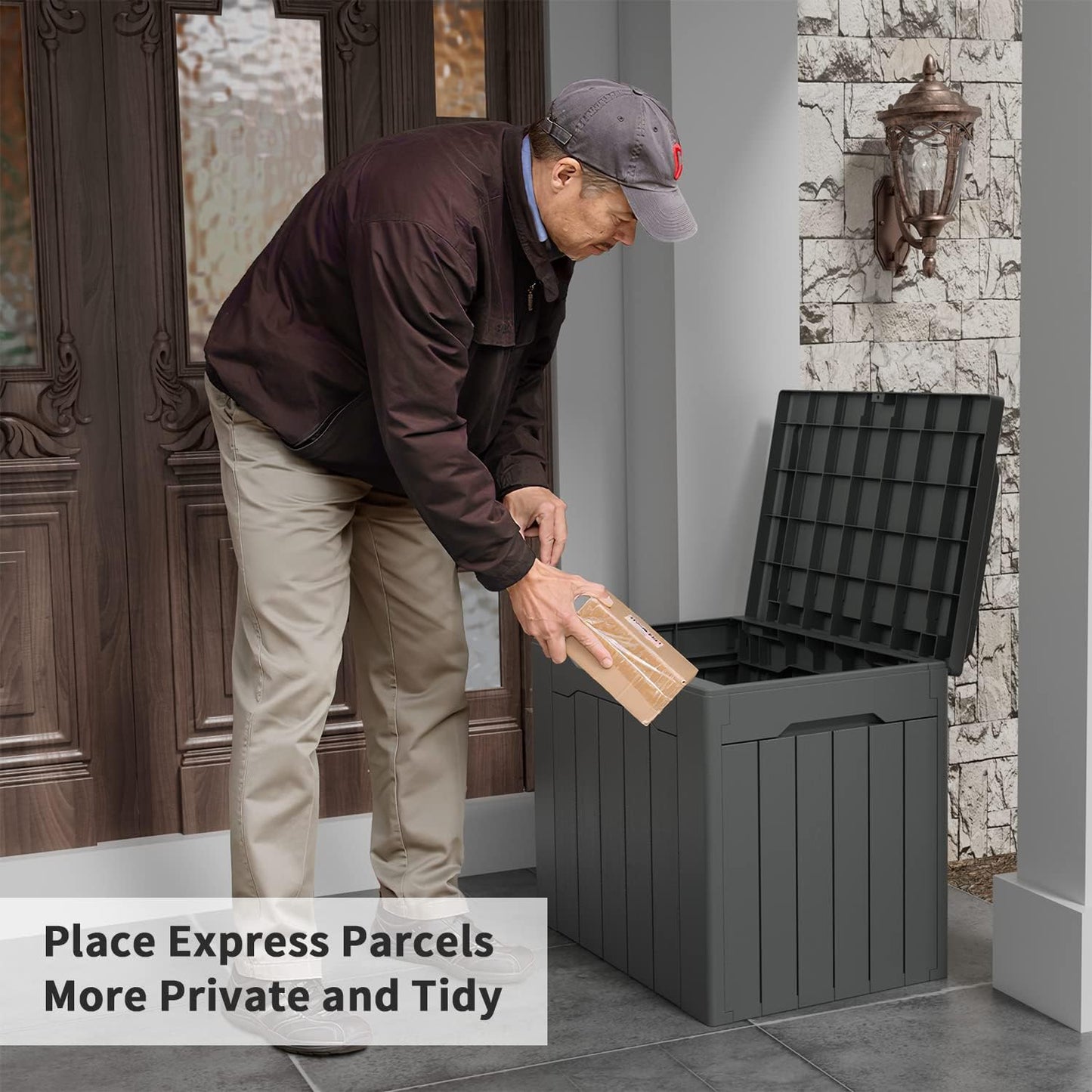 Flamaker Outdoor Storage Box 80 Gallon Resin Waterproof Deck Box Delivery Box with Wood Texture Large Storage Bin for Patio Cushions, (Grey)