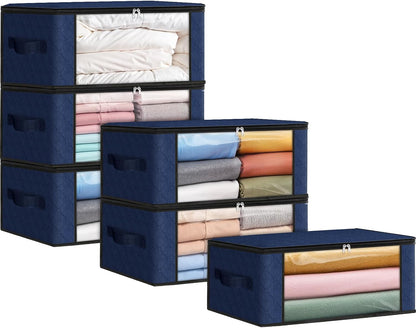 Fab totes 6 Pack Storage Bags for Clothes and Blanket, Foldable Closet Organizers and Storage with Zippers, Clear Window and Handles, Fabric Storage Bins for Sweater, Comforter, Bedding,Linen Sheets