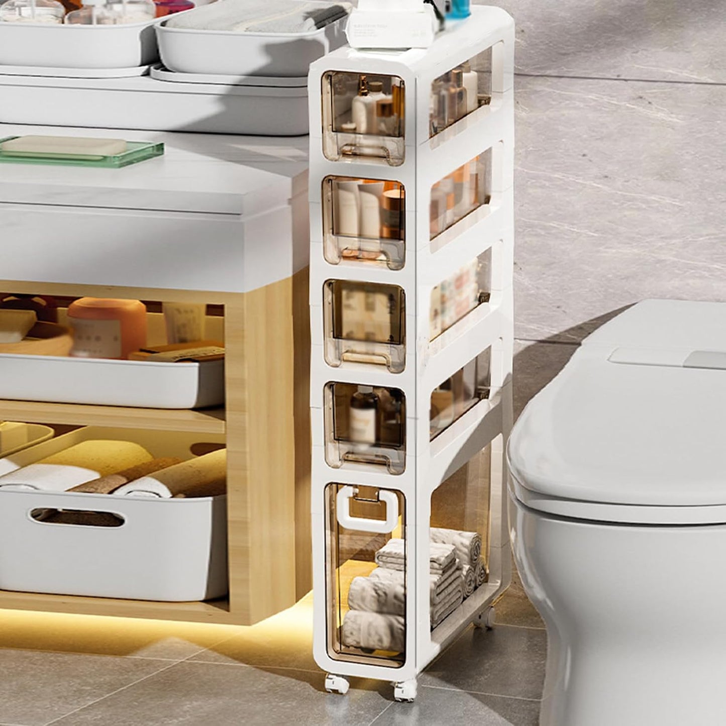 5-Tier Slim Bathroom Storage Cabinet,Narrow Floor Cabinets with Drawers and Wheels,Rolling Narrow Organizer for Small Spaces,Kitchen,Laundry,7.9”W