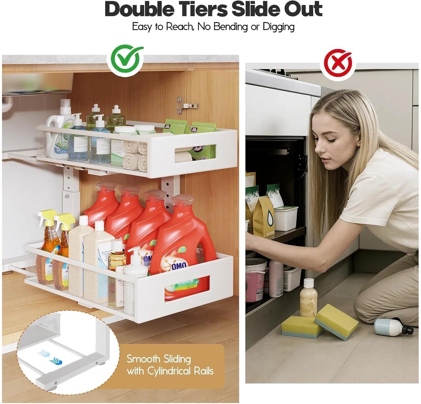 Under Sink Organizer, 2-Tier Dual Pull Out Cabinet Organizer Drawers With Smooth Circular Rail, Large Capacity Metal Mesh Sliding Shelves For Bathroom& Kitchen Storage,Height Adjustable–White,2 Packs
