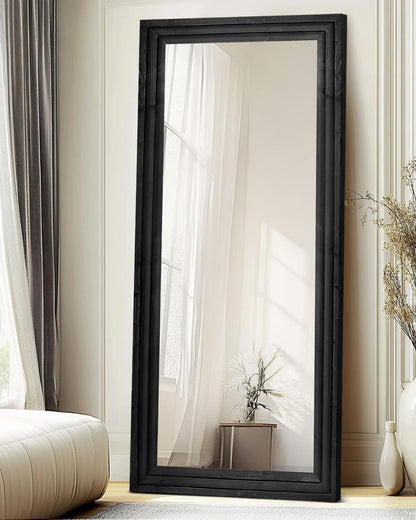 Full Length Mirror 65"x22" with Stand Solid Wood Frame Floor Large Mirror for Living Room, Bedroom Hanging Standing or Leaning Wall-Mounted, New Black