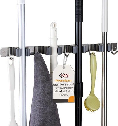 Heavy-Duty Stainless-Steel Broom Holder Wall Mount with 3 Racks and 4 Hooks | Waterproof Mop and Broom Hanger | Adjustable, Garage & Garden Tool Organizer | Black