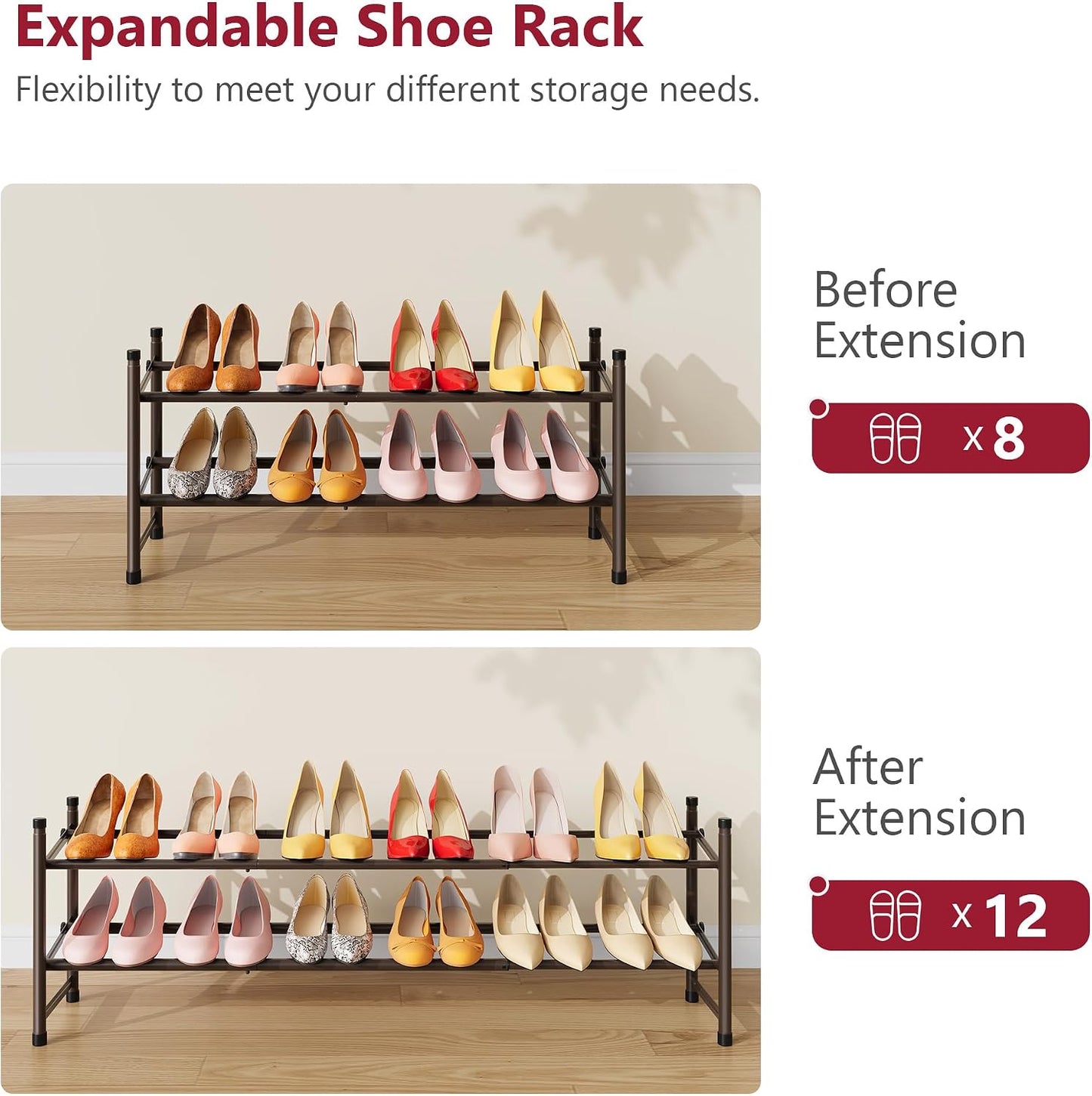Tajsoon Expandable Shoe Rack for Closet 3 Tier, 28“-41“Adjustable & Stackable Shoe Shelf Storage, Metal Shoe Rack Organizer for Front Door Entrance, Closet, Garage, Entryway, Black