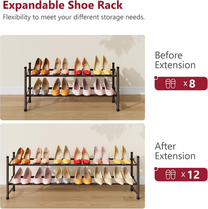 Tajsoon Expandable Shoe Rack for Closet 3 Tier, 28“-41“Adjustable & Stackable Shoe Shelf Storage, Metal Shoe Rack Organizer for Front Door Entrance, Closet, Garage, Entryway, Black