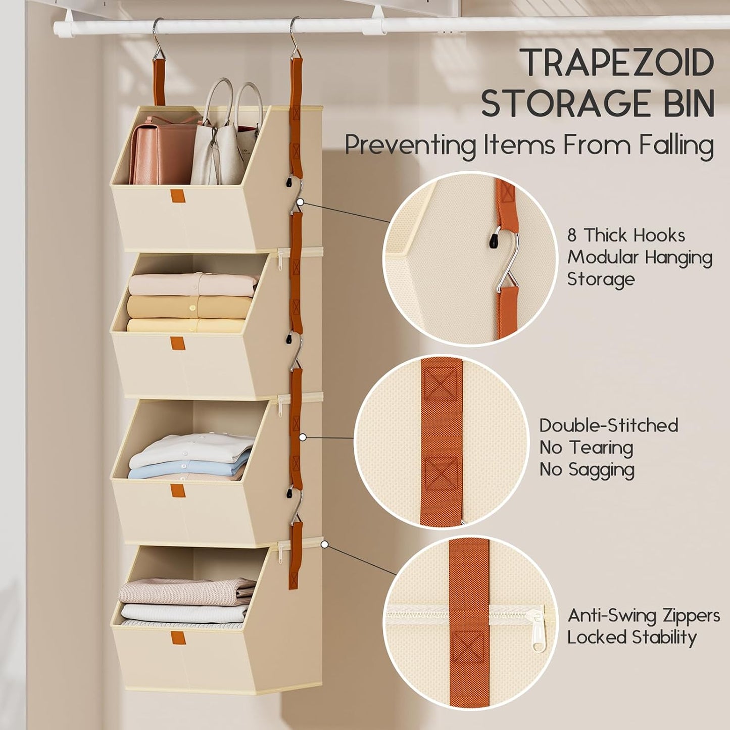 Homsorout Hanging Closet Organizer 4 Tier - Clothes Hanging Shelves, Space-Saving Closet System, Fabric Storage Bins Bedroom Organization, Collapsible Baskets for Home, Dorm, Rv, Beige