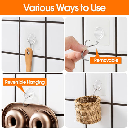 Adhesive Wall Hooks for Hanging Heavy Duty 33lb(Max), Waterproof and Rustproof Transparent Self Adhesive Hooks for Bathroom Kitchen Outdoor and Home Improvement -24 Pack