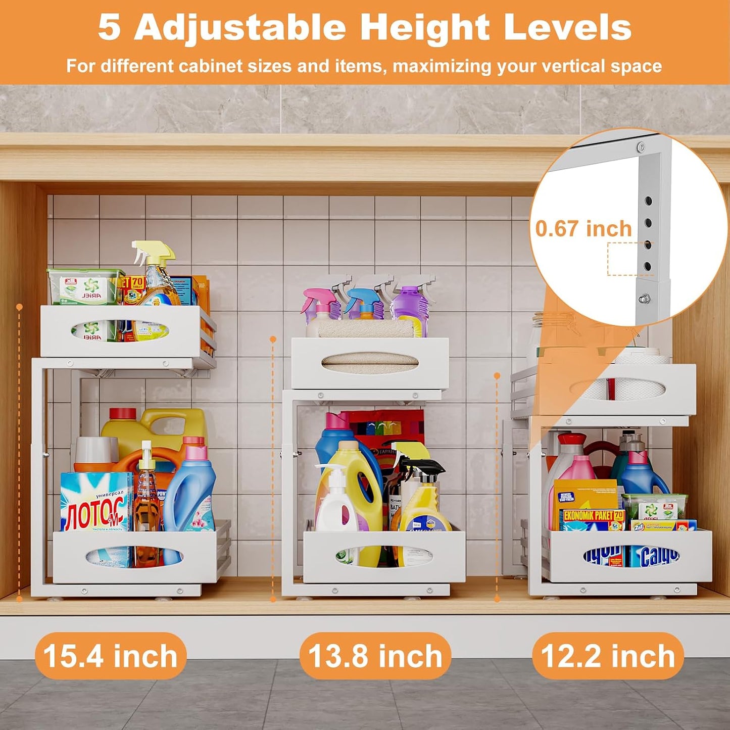 mixeshop Under Sink Organizer, 2 Tier Under Sink Organizers and Storage, Adjustable Height, Slide out Metal Cabinet Organizers, Pull out Cabinet Storage Drawer Shelf for Kitchen Bathroom (Black, 2)