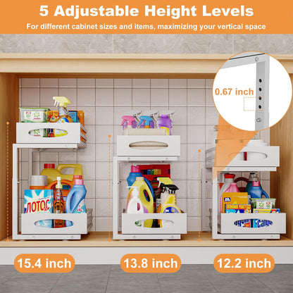 mixeshop Under Sink Organizer, 2 Tier Under Sink Organizers and Storage, Adjustable Height, Slide out Metal Cabinet Organizers, Pull out Cabinet Storage Drawer Shelf for Kitchen Bathroom (Black, 2)