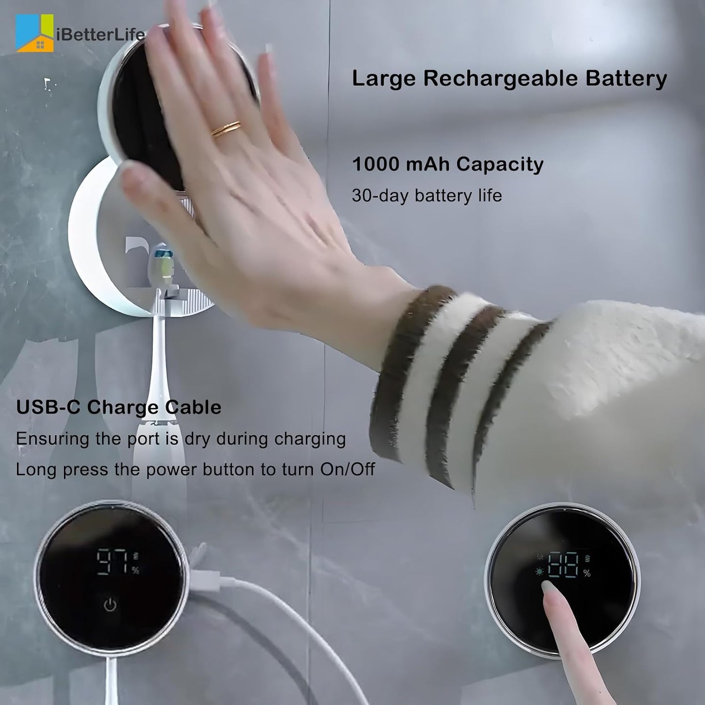 Toothbrush Holders Cleaner & Dryer for Bathroom - Mirror Wall Mounted [Rechargeable, Auto Sensor Open/Close Lid, LED Smart Screen] Adhesive Electric Tooth Brush Razor Holder with Cover for Home Travel