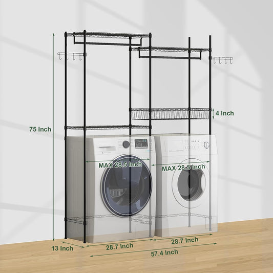 GarveeHome Over Washer and Dryer Shelves, 57.4 in W Laundry Room Clothes Drying Rack, Height Adjustable Towel Racks with Hamper and Hooks, Space Saving Laundry Room Organization and Storage