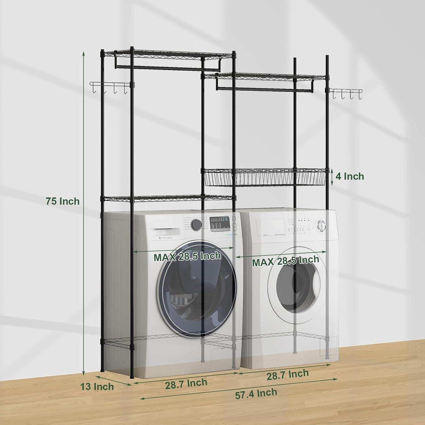 Over Washer and Dryer Storage Shelves, Clothes Drying Rack with Adjustable Shelf, 57.4" W Space Saving Shelving Units with Laundry Hamper and Hooks, Laundry Room Organization and Storage