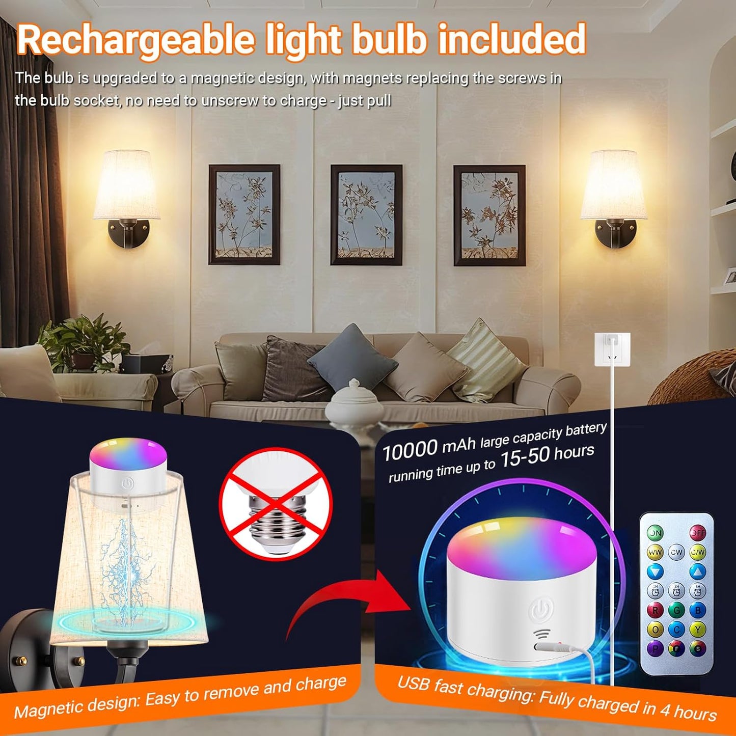 Wall Sconce Battery Operated Wall Light Fixure with Remote Control, Dimmable Battery Operated Wall Sconces Set Of Two, Indoor Wireless Wall Mounted Lamp with Rechargable Bulb For Bedroom Living Room (