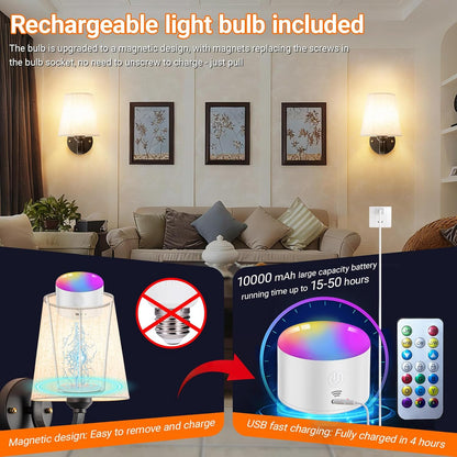 Wall Sconce Battery Operated Wall Light Fixure with Remote Control, Dimmable Battery Operated Wall Sconces Set Of Two, Indoor Wireless Wall Mounted Lamp with Rechargable Bulb For Bedroom Living Room (