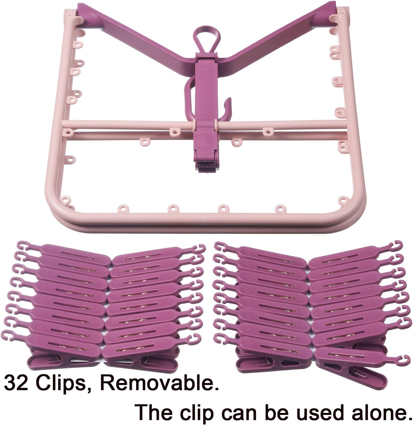 Foshine Foldable Clip Hangers Plastic Blue with 32Pcs Drying Clips | Drip Hanger Foldable Wind-Proof Hook For Underwear Socks Bras Lingerie Clothes