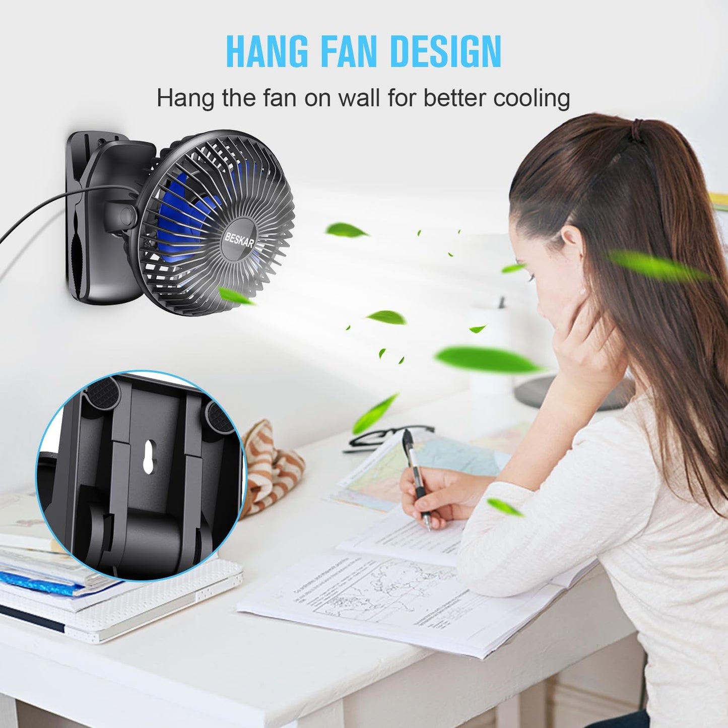 BESKAR Clip on Fan, Portable Small Desk Fans with Strong Airflow, 3 Speeds with Personal Fans Sturdy Clamp, Quiet Desk Fan & Clip Fan with USB Cord Powered - No Battery