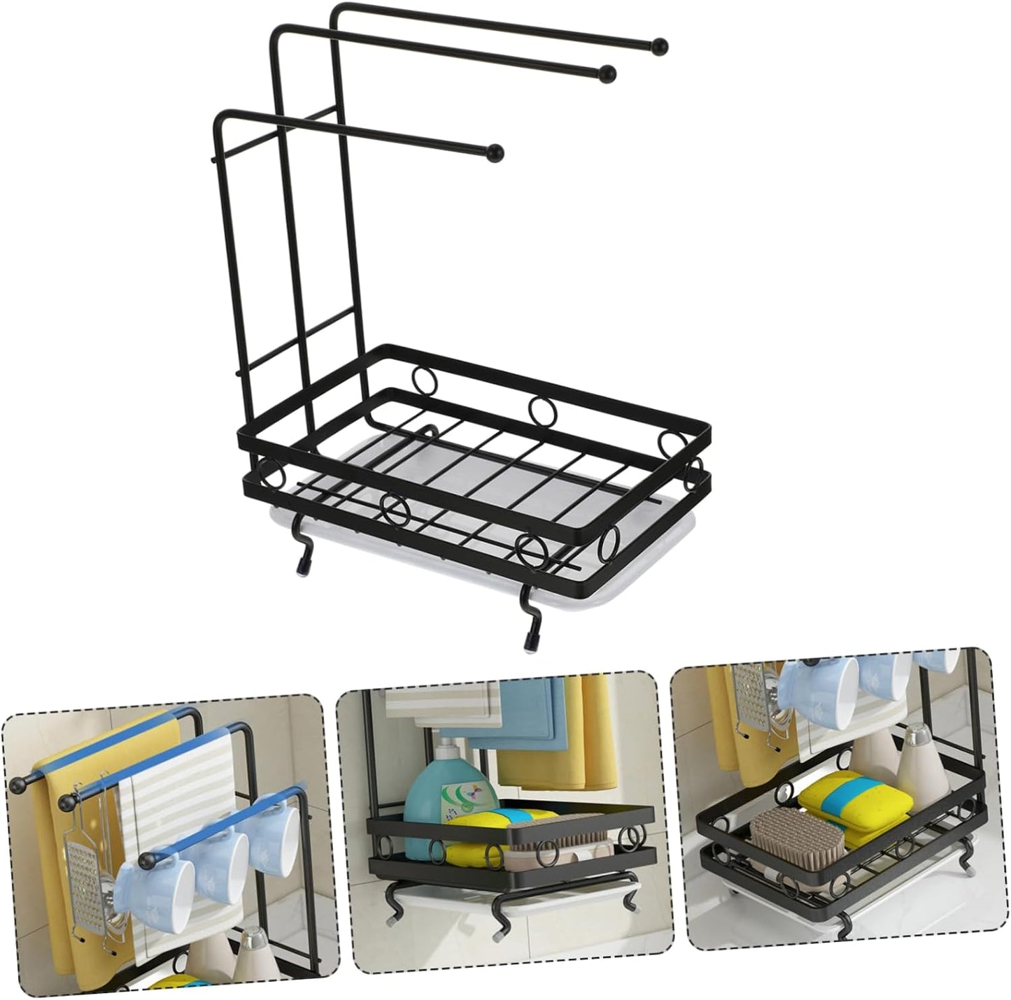 Amosfun Kitchen Storage Rack Drainage Holder Black 3-Rod Wall-Mounted and Desktop Sponge Rag Shelf for Dishcloths and Cleaning Supplies
