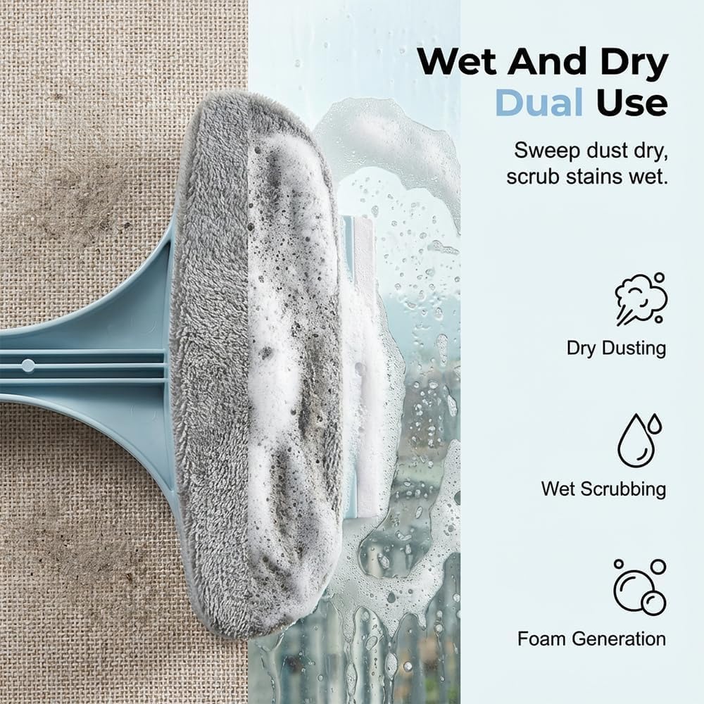 2 in 1 Window Screen Cleaning Brush, Double Sided Wet Dry Use with Squeegee Detachable Handle, for Home Glass Sofa Car Interior, for Household Cleaners Homeowners