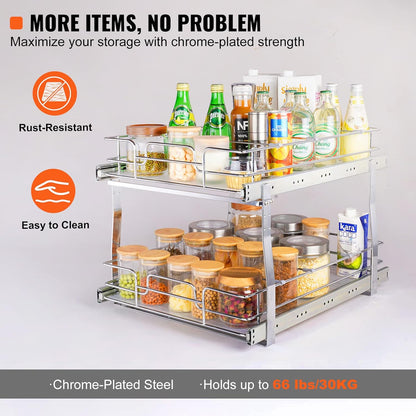 VEVOR Pull Out Cabinet Organizer, 12"W x 21"Dx15.2"H Heavy Duty Slide Out Pantry Shelves, Chrome-Plated Steel Roll Out Drawers for Home,13.5"Wx22"Dx19"H Inside Kitchen Cabinet, Bathroom, Under Sink