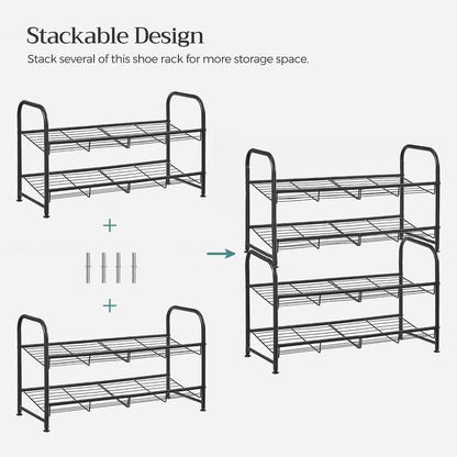 SONGMICS Stackable Shoe Rack, 4 Tier Metal Shoes Rack Storage Shelf, Holds up to 16 Pairs Shoes, Adjustable Slanted Shelves Shoe Tower Organizer for Closet Entryway Small Spaces, Black