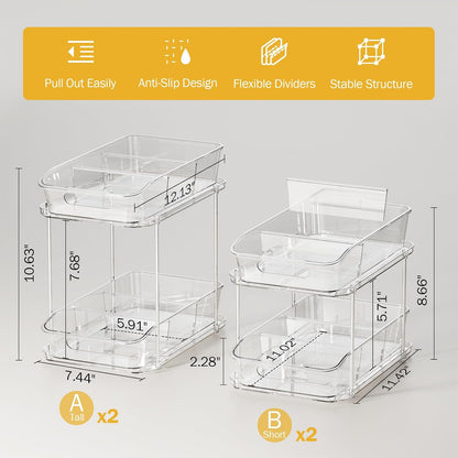 Delamu 2-Tier Under Sink Organizers and Storage, Multi-Purpose Stackable Bathroom Cabinet organizers, Pull Out Kitchen Pantry Organization and Storage with Dividers(2 Pack, Clear)