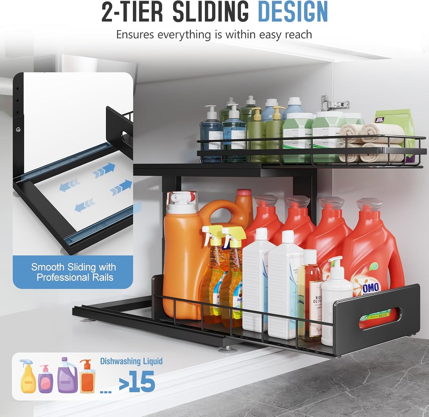 Under Sink Organizer Upgrade To Professional Rails,2-Tier Dual Pull Out Cabinet Storage,Height Adjustable Slide Out Drawers For Bathroom Kitchen,2 Pack-14.5" Dx12.8-16.9" H,White
