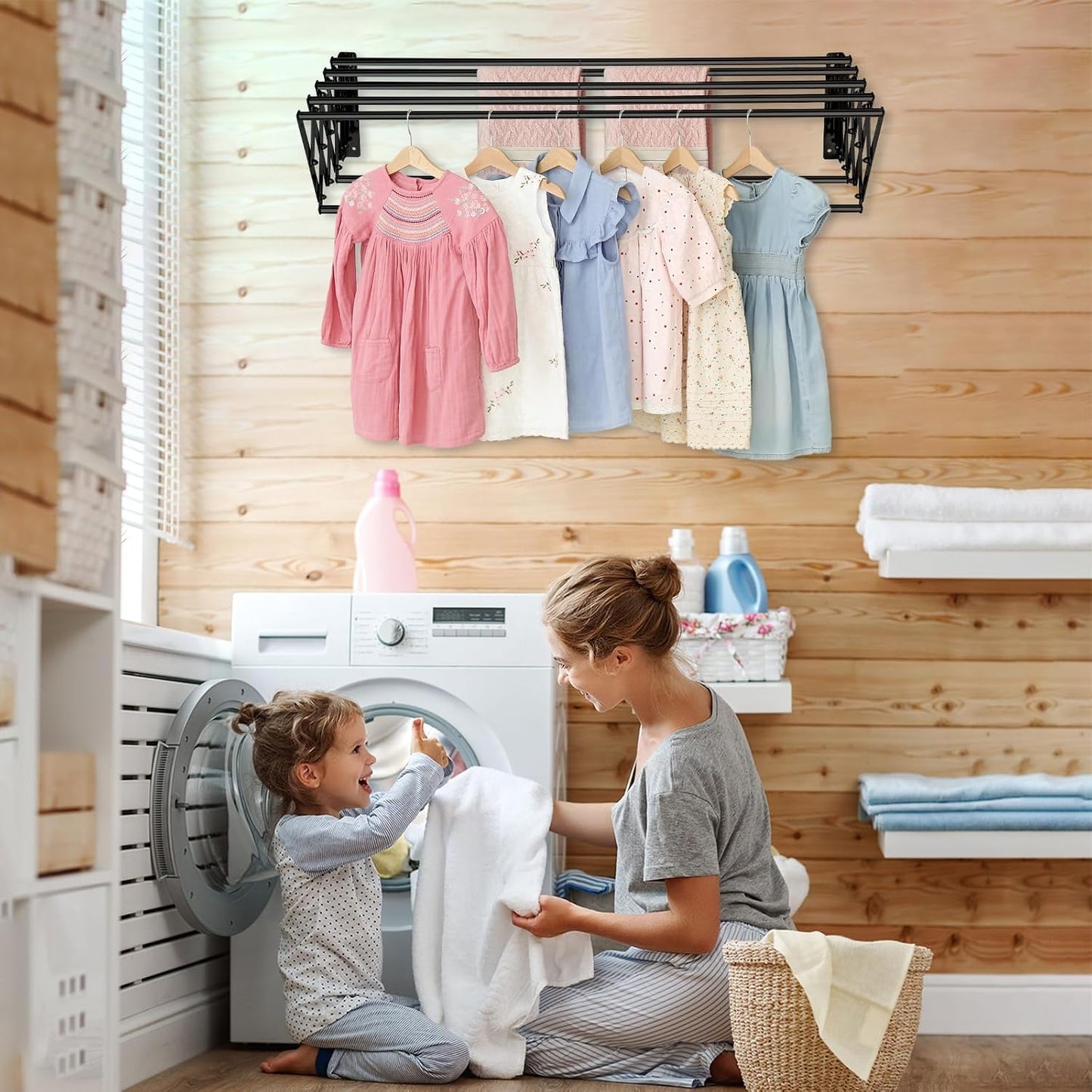XL-31.5" Wall Mounted Clothes Drying Rack, 130 LBS Large Capacity Rustproof Retractable Clothes Rack, Collapsible Drying Rack Easy to Install with 7 Drying Rods, Space Saving for Laundry-White