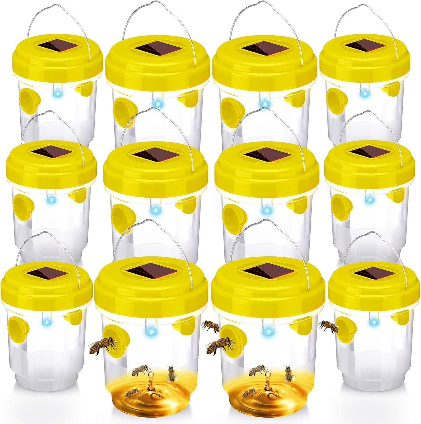 Wasp Trap Solar Powered Bee Trap Reusable Fly Traps Outdoor Hanging Wasp Killer with UV LED Light Flying Insects Bee Killer for Indoor Outside Patio Garden Home (6, Yellow)