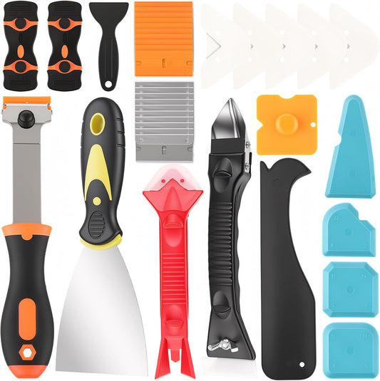 Silicone Caulking Tools with Razor Blade Scraper - 5-in-1 Caulk Removal Kit Plastic Razor Blades for Tile Grout Removal Repair Wall Floor Edge Finishing Window Sink Joint Frame Seal