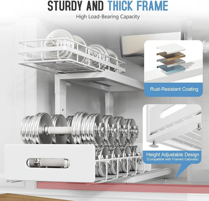 Under Sink Organizer Upgrade To Professional Rails,2-Tier Dual Pull Out Cabinet Storage,Height Adjustable Slide Out Drawers For Bathroom Kitchen,2 Pack-14.5" Dx12.8-16.9" H,White