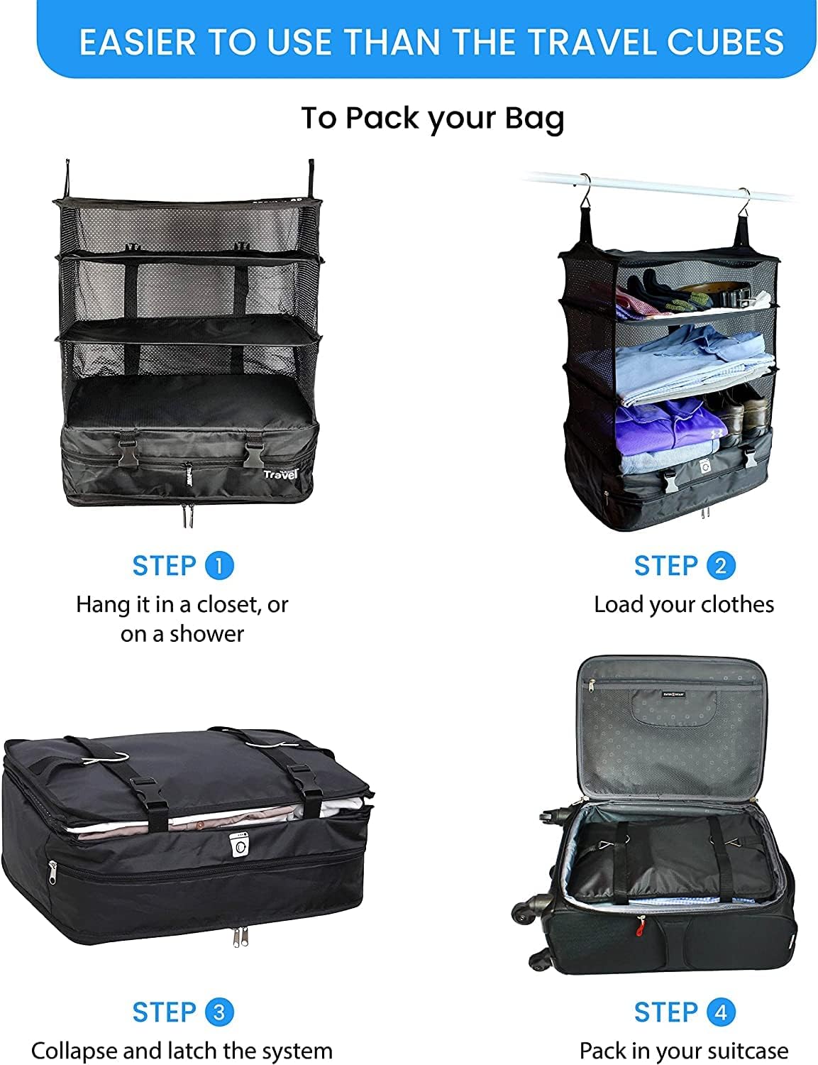 Grand Fusion Stow-N-Go Hanging Travel Shelves, Packing Organizer for Luggage. Carry on Closet for Suitcase. Expandable Packing Cube. Travel Essentials. (Black - L, L = (L) 11.8" x (W) 11.8")