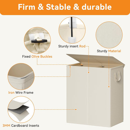 Chrislley 140L Laundry Hamper 2 Section, Double Laundry Basket with Lid, Large Dirty Clothes Hamper with Removable Liner Bags, Collapsible Laundry Organizer for Bedroom, Dorm,Beige